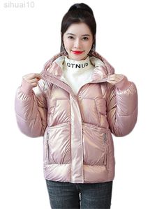 Free Wash Glossy Down Cotton Coat 2022 Autumn Winter New Korean Short Loose Waterproof Protect Cold Warmth Hooded Parka Feminina L220730