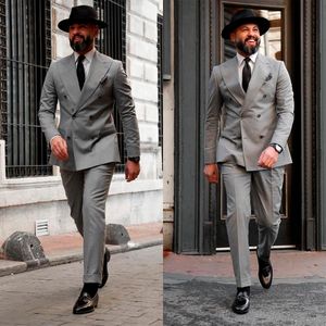 Plus Size Gray Men Wedding Tuxedos Double Breasted Groom Dinner Business Evening Suit Birthday Party Wear Blazer 2 Pieces