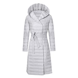 女性プラスサイズホワイトダックダウンジャケット冬のスリムベルトフード付きロングダウンコート