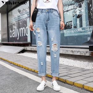 Женская джинсовая ткань свободные брюки с высокой талией джинсы Женщина коленные отверстия гаремы брюки растягиваемые парни, женщина, плюс, размер 210608