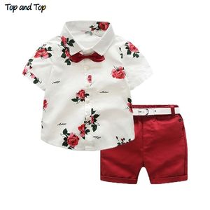 Top and boys clothing sets summer gentleman suits short sleeve shirt + shorts 2pcs kids clothes children set 220326