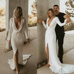 Bohemian Mermaid Wedding Dress Deep V Neck Pleats Long Sleeve Bridal Gowns Custom Boho Satin Bride Dresses