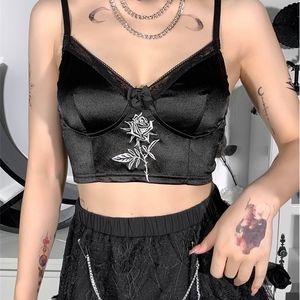 InsGoth Fairy Grunge Sexy V-Ausschnitt Korsett Top Gothic Rose Stickerei Spitzenbesatz rückenfreie Crop Camis Y2K Streetwear Basic Camisoles 220407