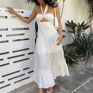 Sexy Halter Check Print Transparent Beige Backless Summer Dress for Women Cut Out Maxi Sleeveless Lace Up Dress Vestido 220511