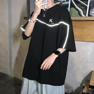 Summer Reflective Tshirt Streetwear Male Japanese Cool Loose 100% Cotton T Shirt High Street Oversize Half Sleeve T Shirt Funny 220608