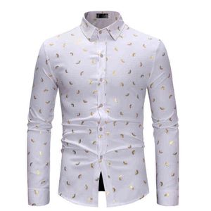 Camicie eleganti da uomo di lusso Nightclub Stampa oro lucido Slim Fit Button Down Camicia elegante da uomo Business Casual Chemise Homme XL L220704