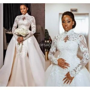 Sexy Vintage Lace Wedding Dress Custom Made Mermaid Lace Bridal Gown Detachable Train Long Sleeve African Robe 2022