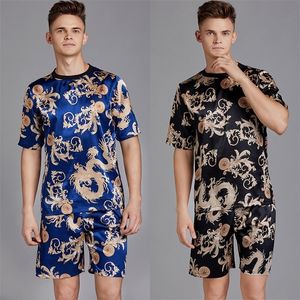 Homens de verão pijama cetim de cetim de cetim de pijama terno de manga curta shorts de seda de seda homem sono sono mola pijama machado camisola xxl t200813