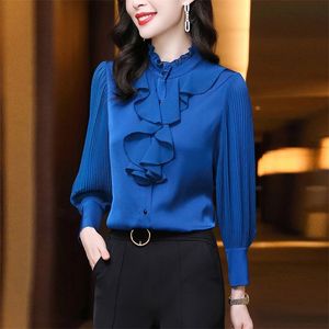 Kvinnor Blouse Lace Ruffles Chiffon T-shirts Kläder Vår Höst Office Lady Folds Lantern Sleeve Pullovers Elegant Vintage Blouse 220407