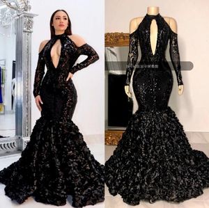Bir adet yeni !!! 2022 Siyah Katmanlı Etekler Gelinlik Modelleri Afrika Yüksek Boyun 3D Dantel Çiçekler Payetli Abiye giyim Artı Boyutu Yansıtıcı Elbise