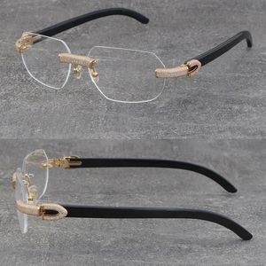 New Metal Micro-paved Diamond Set Frames Rimless 3524012 Eyewear Black Buffalo Horn Glasses Men Women with C Decoration Rocks Wire 18K Gold Frame White Eyeglasses