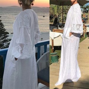 Celmia Women White Dress Summer Bohemian عارضة فضفاضة Lace Maxi Long Sundress قميص طويل الأكمام Party Vestidos بالإضافة إلى حجم T200117