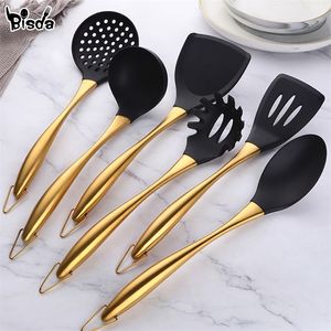 Gold Cooking Silicone Head Kitchenware Aço inoxidável Handelino Sopa Setra de escada Turner Serving Spoon Kitchen Tool 220727