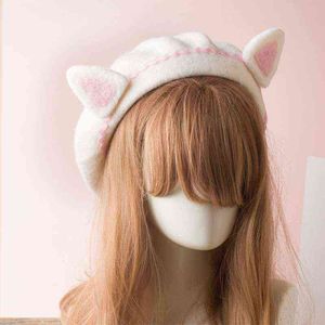 E8FA 5658CM Pinkwhite Cat Ears målare Hat Lolita Wave Lace Beret Tidning Säljare Hat Lolita Hat Wild For Casual Birthday Festival J220722