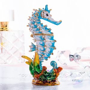Dekorativa föremål Figurer HD Trinket Box Crystal Bejeweled Enamelled Seahorse Jewelry Ring Holder Handmade Sealife Figurin Collec