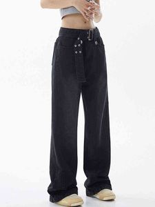 Vintage hög midja kvinnor svarta jeans koreanska mode streetwear breda rör jean kvinnliga byxor raka baggy harajuku denim byxor l220726