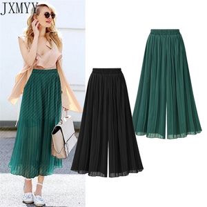 Damer Solid Color Pleated Loose Chiffon Wide-Ben Pants Girl Boutique Gorgeous and Bekväm Mid-midjiga Casual Trousers 210412