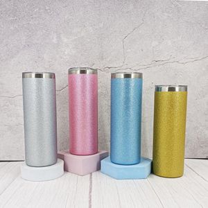 20oz Rak Skinny Tumbler Chuncky Glitter Cup Sparkling Blinkande Flaska Dubbel Vägg Rostfritt Stål Koppar Isolerade av Sea RRB14806