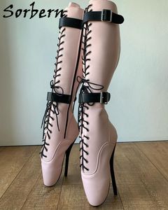 Sorbern Blush Pink Ballet Boots 여성 무릎 높은 스틸레토 레이스 위로 이중 스트랩 지퍼 맞춤형 넓은 또는 슬림 피트 다리 SM 구두