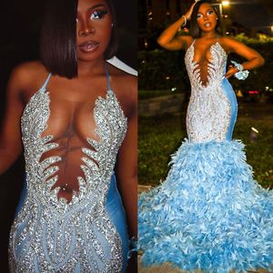 2022 Plus Size Arabic Aso Ebi Luxurious Mermaid Feather Prom Dresses Pärled Crystals Evening Formal Party Second Reception Birthday Engagement Gowns Dress ZJ407