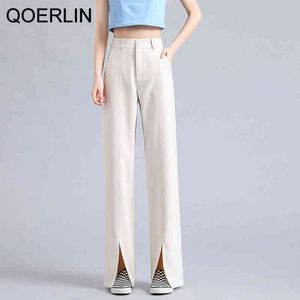 QOERLIN XS2XL Front Split Suit Pants Women High Waist Suit Wide Leg Drape Straight Pant Elastic Waist Trousers Office Plus Size 210412