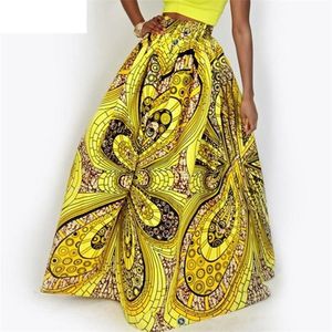 Frauen African Dashiki elastische Herbst Winter Sommer Maxi Strandrock Blumendruck hohe Taille plissiert bodenlangen langen Rock T200106