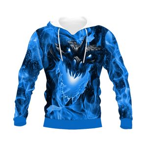 Sonbahar/Kış Yeni 3D Dragon Blue Flame Baskı Hoodie Avrupa ve Amerikalı Erkeklerin Gevşek Kazak Hoodie