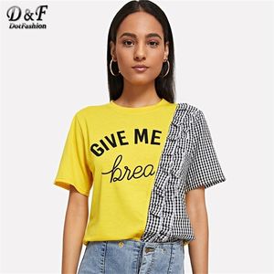 Dotfashion Letter Gingham Panfle Time Tee Kobiety Summer Casual Streetwear Tops Female Style Fashion Tshirt T200110