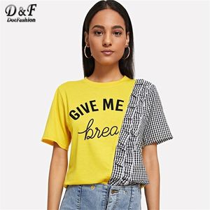 Dotfashion Mektubu Tingham Panel Fırfır Trim Tee Kadınlar Yaz Günlük Sokak Giyim Üstler Kadın Kore tarzı Moda Tshirt T200110