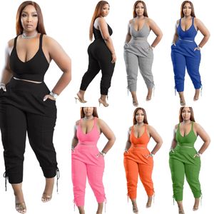 2023 Kvinnor plus storlekar Tracksuits Designer Sport Two Piece Pants Set Sexig Deep V Neck Vest and Bandage Sweatpants Casual Outfits S-5XL