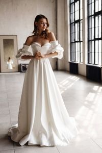 Detachable Long Sleeves Satin Wedding Dress Pearls Beaded Sweetheart Neck A Line Bridal Gowns Sexy Backless Korean Style Bride Dresses Robe De Mariee