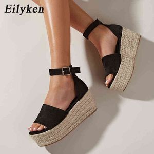 Nxy Sandals Summer Buckle Strap Platform Wedge Women's Fashion Straw Braid High Heel Open Toes Shoes Female Drop Shipping