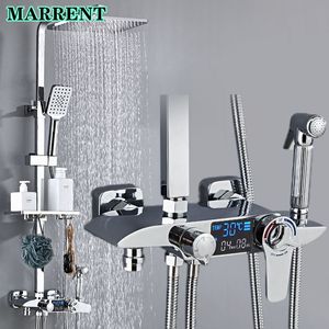 Chrome Digital Bathroom Faucets Solid Brass Thermostatic Bath Shower System Rain Shower Head Hot Cold Chrome Digital Shower Set