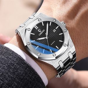 Fashion Casual Men's Watches Big Dial Silver Stainless Steel Calendar Male Business Wristwatch Leisure Waterproof Watch for Men 220407