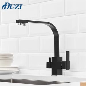 Square Kitchen Faucet 3 Way Water Filter Tap 360 Degree Rotation Faucets Black Solid Brass Sink Mixer T200710