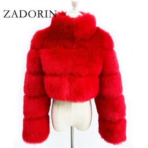 ザドリンファッションクロップドフェイクコートウォームスタンドカラースリムなふわふわジャケット女性冬の毛皮コートプラスサイズ201214