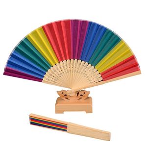 Crafts Rainbow Folding Bamboo Silk Cloth Fans Festival Decoration Stage Performance Dance Fan