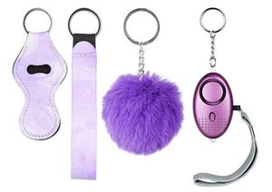 4 piece t Fashion Defense Keychains Set Pompom Alarm Keychain Lipstick Holder And Wristband For Woman Men Self-defense Keyring286D