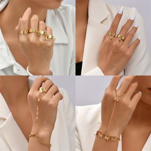 Pendant Charm Bracelet Link Connected Gold Metal Wide Finger Ring Bracelets for Women Link Hand Harness Jewelry D3