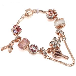 Modischer 925er-Sterlingsilber-Charm aus rotem Murano-Lampwork-Glas, europäische Charm-Perlen, Blätter, rosafarbenes Roségold, fünf Blütenblätter, baumelnde Blume, passend für Pandora-Charm-Armbänder, Halskette B8