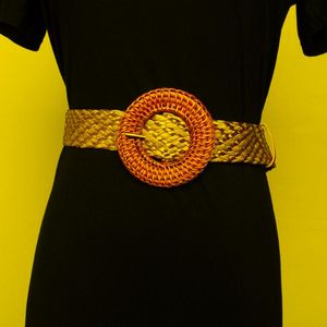 Gürtel Vintage Geflochtener Taillengürtel Weibliche handgemachte große runde Webschnalle gefälschter Strohbreit für Frauen elastische Strech-GürtelGürtel