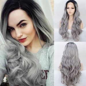 Wholesale black middle part wig resale online - Ombre Grey Long Wavy Wig Synthetic Lace Front Wig Silver Black Roots to Grey Wigs for Women Middle Part Heat Resistant Fiber Soft294R