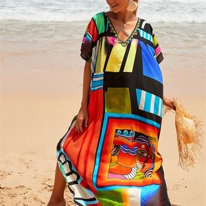 Pokrywanie bohemian nadruk wielokolorowy w stylu kaftanowym Kaftan Cover Up Maxi Dress Robe de Plage Tunik na plażę 220621