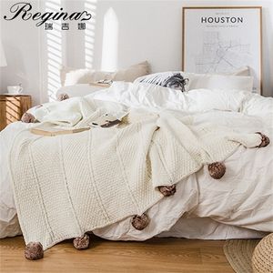 REGINA y Knit Chenille Blankets Cute Pompoms Home Decorative Warm Weighted Cozy Sofa Bed TV Knitted Throw Blanket 220524