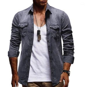 Men's Casual Shirts Striped Denim Social Shirt Dress Cotton Long Sleeve Jeans Blouse Men Gray Blue Arrival