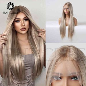 Style front lace domestic silk small t golden medium length straight hair women's wig wigs 220527