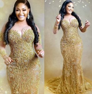 Plus Size Arabic Aso Ebi Gold Luxurious Mermaid Prom Dresses Sheer Neck Beaded Evening Formal Party Second Reception Birthday Engagement Gowns Dress Zj266 407