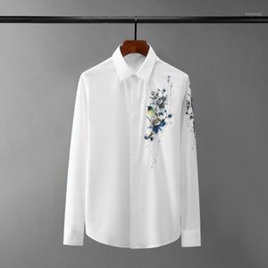 Klasyczne bawełniane męskie grzby wysokiej jakości z długim rękawem ptak i kwiat haft Casual Party Slim Mens Dress Shirts 4XL Mężczyźni