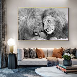 Dipinto su tela con leoni testa a testa Animali mansueti Poster e stampe Immagine di arte della parete di Cuadros scandinavi per l'arredamento del soggiorno