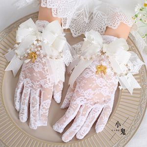 Fünf-Finger-Handschuhe, originelles Design, Lolita, weiße Spitze, Schleife, Perlenkette, Finger-Sonnenschutz, eleganter Retro